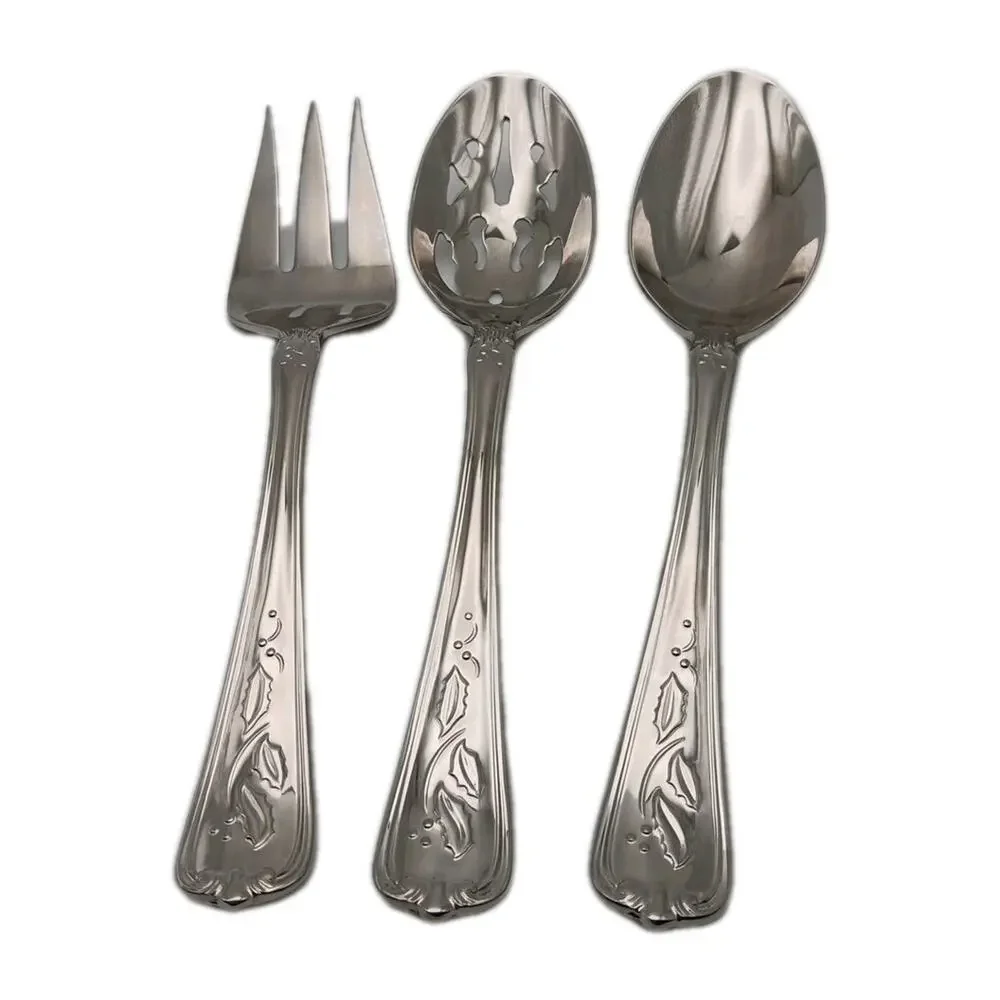 Lenox Holiday Holly Platinum 3 Piece Server Set 18/8 Stainless Flatware Korea
